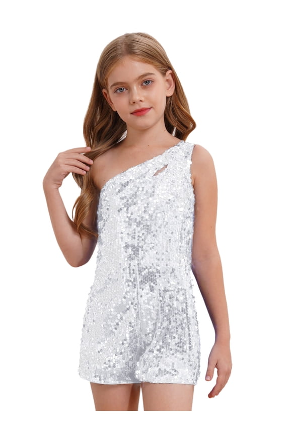 Kids Girls Shiny Sequins Jumpsuits One Shoulder Sleeveless Party Romper Latin Jazz Dancewear Silver 6