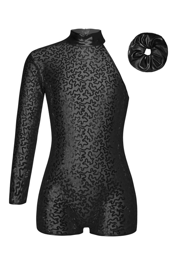 Kids Girls Shiny Sparkly One Shoulder Gymnastic Dance Leotards Biketard Short Jumpsuit with Scrunchie Dancewear Black 8