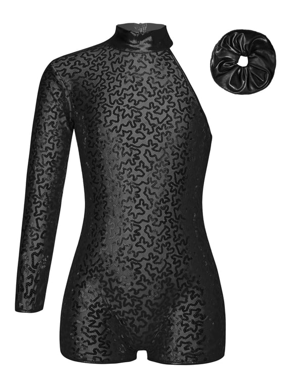 Kids Girls Shiny Sparkly One Shoulder Gymnastic Dance Leotards Biketard Short Jumpsuit with Scrunchie Dancewear Black 8