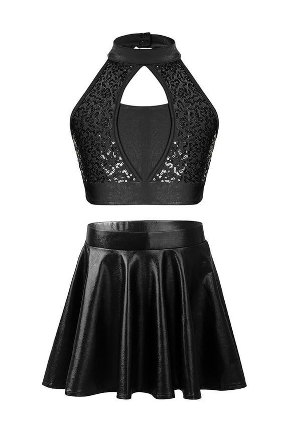 Kids Girls Sleeveless Ballet Dance Crop Top with Skirt Jazz Latin Ballroom Cheerleading Performance Costume Black 12