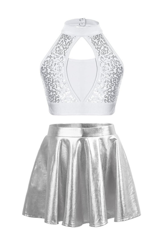 Kids Girls Sleeveless Ballet Dance Crop Top with Skirt Jazz Latin Ballroom Cheerleading Performance Costume White 6