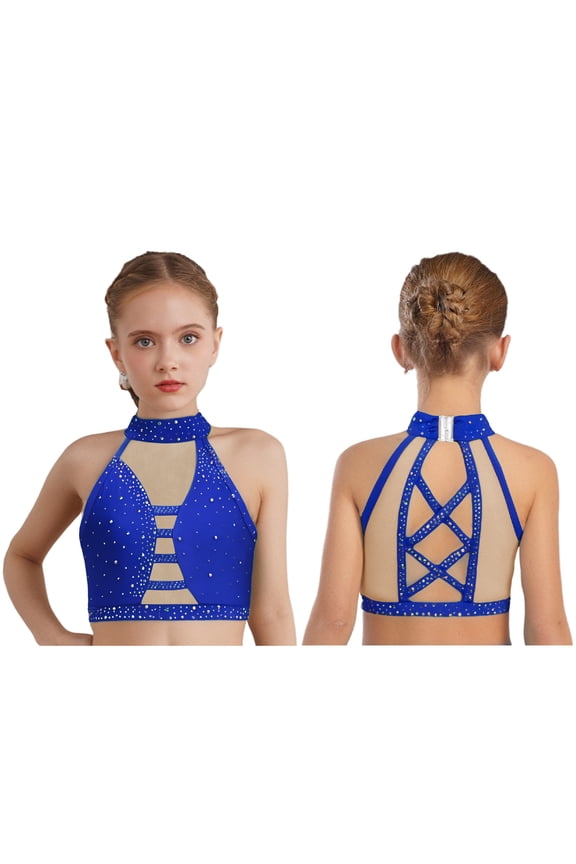 Kids Girls Sparkling Latin Dance Wear Crisscross Back Modern Performance Tank Vest Ballet Dance Crop Tops Royal Blue 6