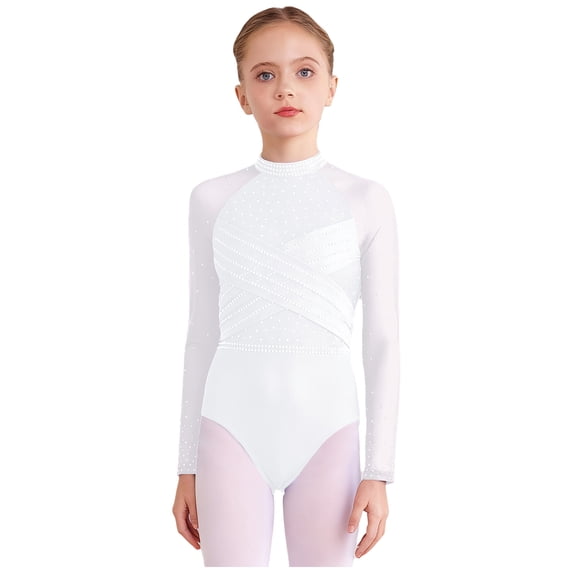 TTAO Kids Girls Sparkly Figure Ice Skating Leotards Long Sleeve Solid Color Gymnastics Unitard Bodysuit White 16