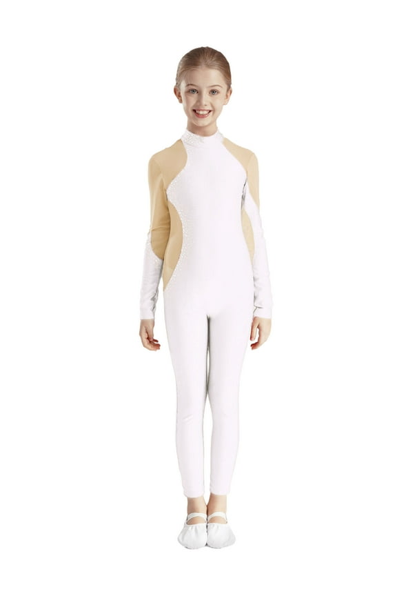 Kids Girls Sparkly Full Body Gymnastics Leotard Mesh Splice Long Sleeve Ballet Dance Unitard Bodysuit Jumpsuit White 12