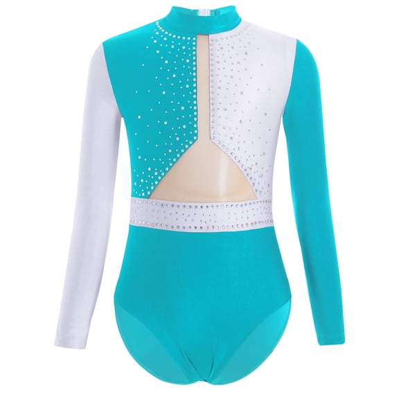 TTAO Kids Girls Sparkly Gymnastics Dance Leotard Long Sleeve Color Block Bodysuit Biketard Unitard Jumpsuit Activewear Blue Green 6