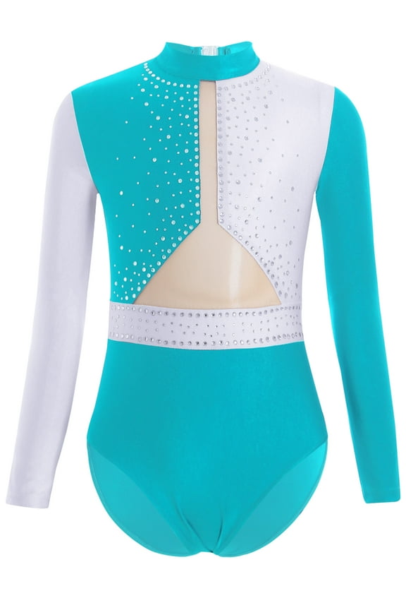 Kids Girls Sparkly Gymnastics Dance Leotard Long Sleeve Color Block Bodysuit Biketard Unitard Jumpsuit Activewear Blue Green 6