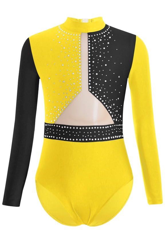 Kids Girls Sparkly Gymnastics Dance Leotard Long Sleeve Color Block Bodysuit Biketard Unitard Jumpsuit Activewear Yellow 6