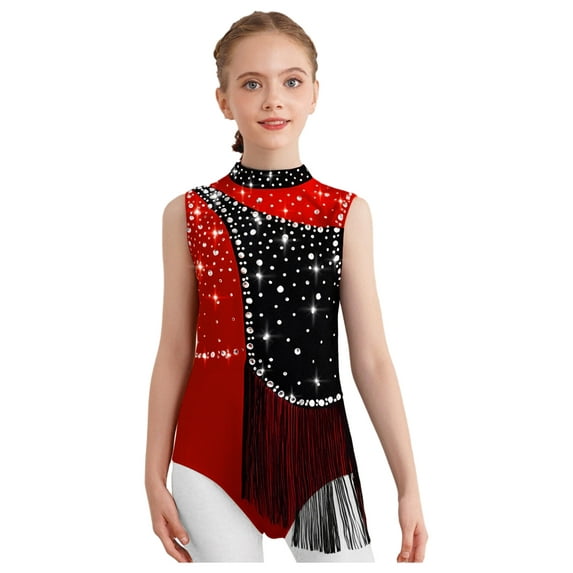 TTAO Kids Girls Sparkly Gymnastics Dance Leotard Tassel Rhinestone Dancewear Figure Skating Bodysuit Burgundy 10