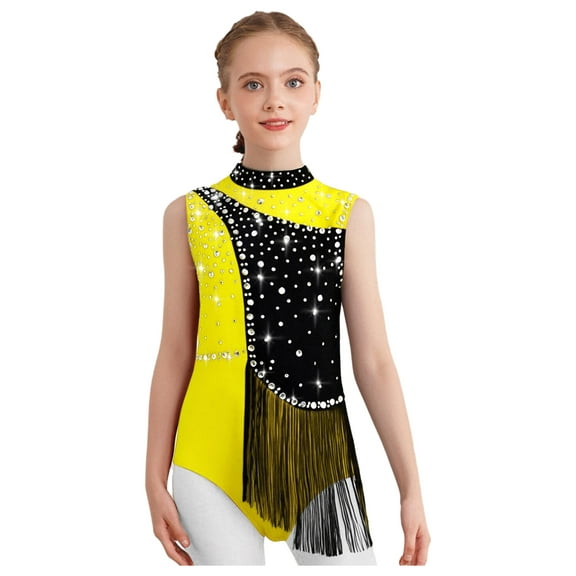 TTAO Kids Girls Sparkly Gymnastics Dance Leotard Tassel Rhinestone Dancewear Figure Skating Bodysuit Yellow 16