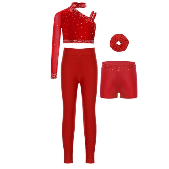 TTAO Kids Girls Sparkly Rhinestone Ballet Lyrical Dance Crop Tops with Shorts Skating Leggings Pants Hairband Set Red 14