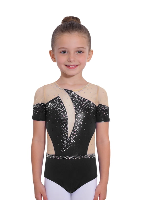 Kids Girls Sparkly Rhinestone Rhythmic Gymnastics Leotard Figure Skating Dance Bodysuit Black 10