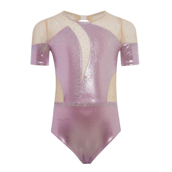 TTAO Kids Girls Sparkly Rhinestone Rhythmic Gymnastics Leotard Figure Skating Dance Bodysuit Pink 6