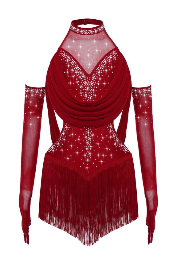 Kids Girls Sparkly Rhinestone Tassel Skirted Leotard Tango Latin Jazz Ballroom Dance Dress with Gloves Set Burgundy 16