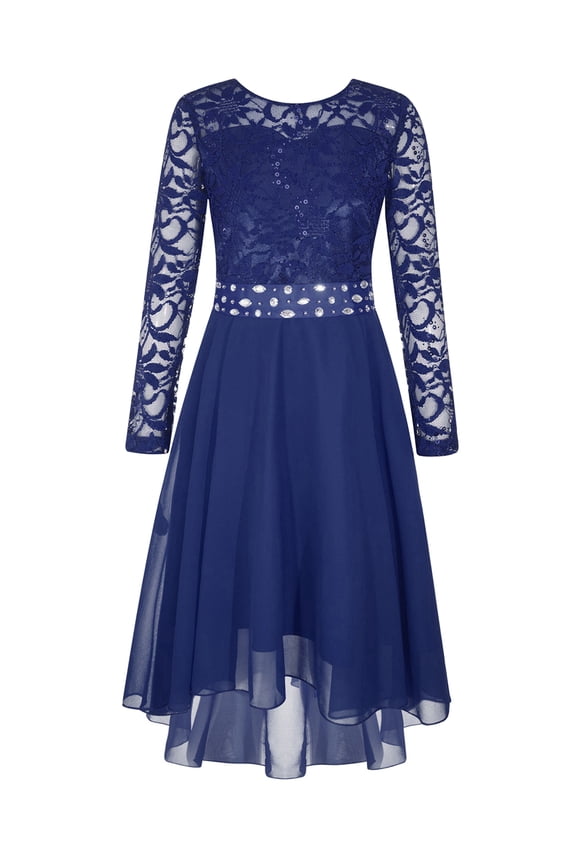 Kids Girls' Special Occasion Dresses Floral Lace Long Sleeve Flower Girl Dresses for Wedding Navy Blue 14