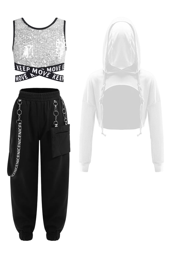 Kids Girls Street Jazz Hip Hop Dance Outfit Mesh Hoodie Vest and Jogger Cargo Pants Set Dancewear Silver 14