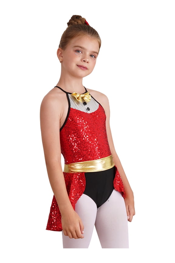 Kids Sparkle Ballet Leotard Sleeveless Dance Bodysuit Girls Christmas Gymnastics Jumpsuit Sequin Latin Dress Red 14