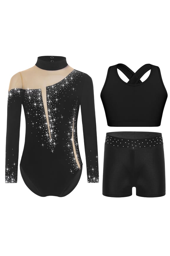Kids Tumbling Dance Outfits Athletic Workout for Girls Ballet Unitard with Sports Bra and Shorts Gymnastics Set Black 6