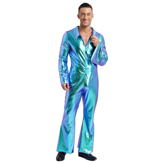 TTAO Men's 70s Disco Costume Metallic Shiny Zipper Wide Leg Pants One Piece Jumpsuits for Club Blue S