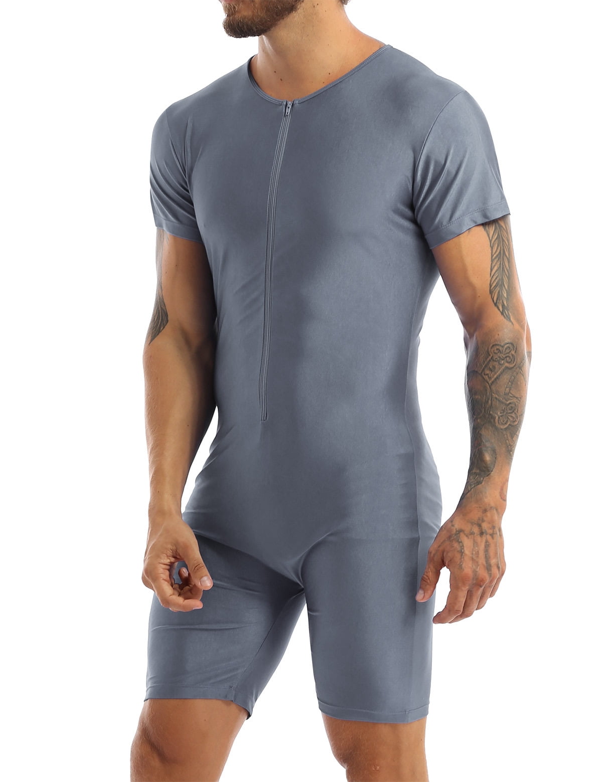 Mens Short Sleeve Leotard Glossy Solid Color High Cut Bodysuit Nightclub Bar Pole Dancing Costume Clubwear Swimwear Sportswear