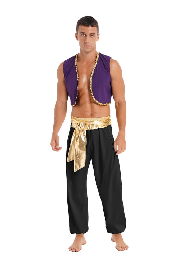 Men's Arabian Prince Clothes Performance Outfit Golden Vest with Harem Pant Sets Black M