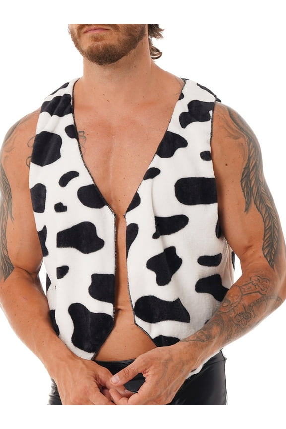 Men's Sleeveless Vest Western Cowboy Vintage Cowboy Fur Cardigan Vest Retro Cow Printed Flannel Waistcoat Black L