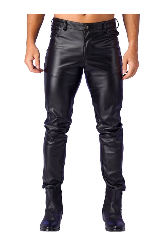 Men's Stretch PU Leather Slim Fit Pants Wet Look Motocycle Trousers Nightclub Bottoms Black 36