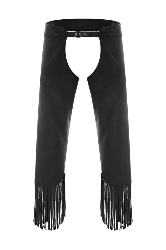 Men's Vintage Cowboy Chaps with Tassels Fringe Pants for Western Themed Party Carnival Clothes Black M