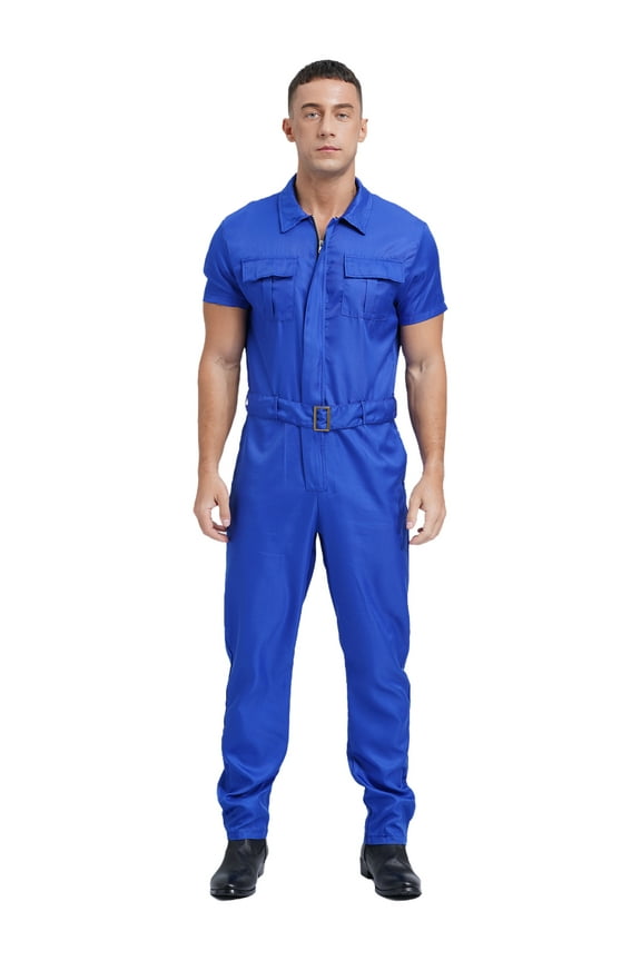 Men's Work Overalls One Piece Mechanics Workwear Lightweight Jumpsuits Short Sleeve Suits Blue S