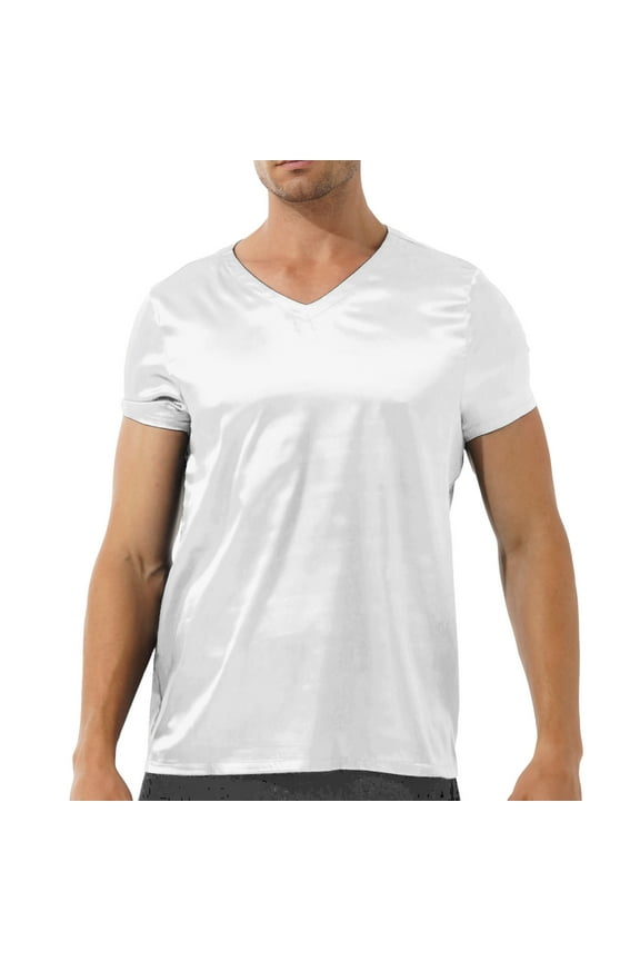 Mens Satin Short Sleeve Sleep Shirts Silk Smooth V-neck T-shirt Tee Blouse Lightweight Tops White L