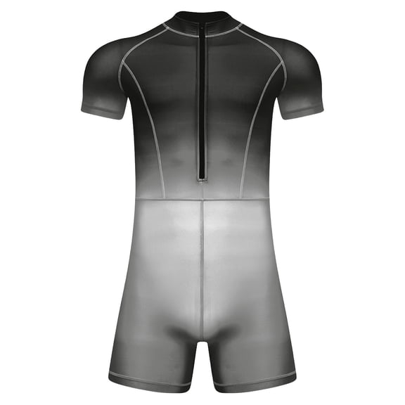 TTAO Mens Swim Leotard Gradient Half Zip Shorty Wetsuit Rash Guard Jumpsuit Short Sleeve Boyshorts Beachwear Surfing Diving Bathing Black S