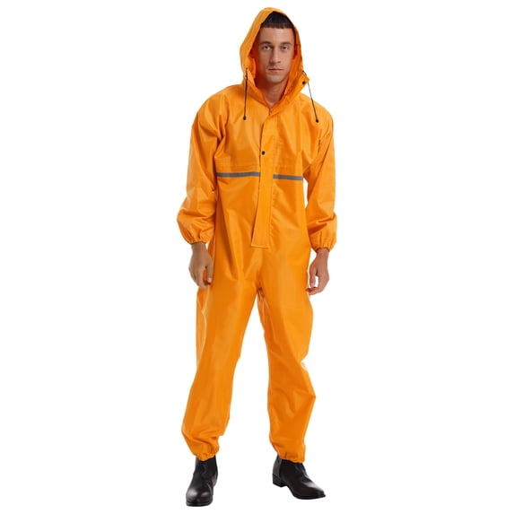 TTAO Men Reflective Strip Waterproof Rainsuit One Piece Raincoat Motorcycle Rain Suit Hooded Coveralls Yellow 180/XXL