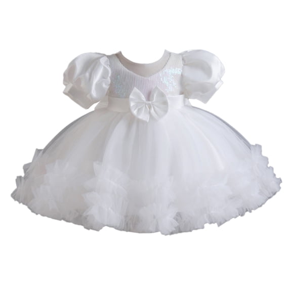 TTAO Newborn Baby Girls Layered Tulle Tutu Dress Bubble Sleeves Princess Dress Photography Party White 110