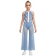 thumbnail image 1 of TTAO One Piece Rompers Overall for Girls Rhinestones Dance Bodysuit Disco Party Wide Leg Pants Playsuit Dusty Blue 14, 1 of 7