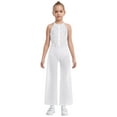 thumbnail image 1 of TTAO One Piece Rompers Overall for Girls Rhinestones Dance Bodysuit Disco Party Wide Leg Pants Playsuit White 6, 1 of 5