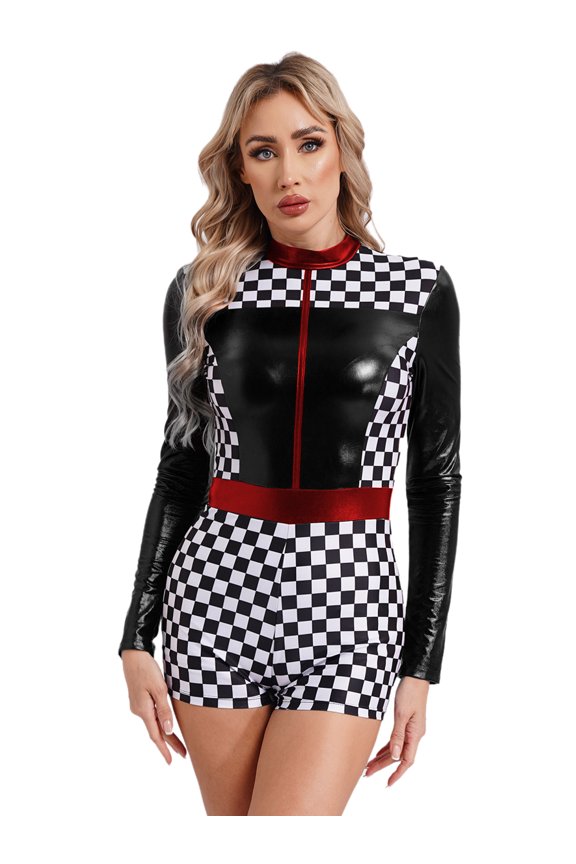 Racer Bodysuit for Womens Speed Car Driver Adults Checkerboard Print Long Sleeve Boyshorts Racer Jumpsuit Black 3XL