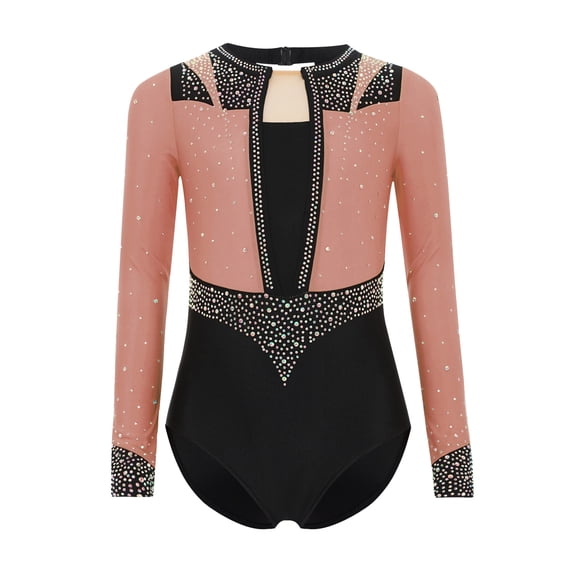 TTAO Rhythmic Gymnastics Leotard for Girls Long Sleeve Sparkle Ballet Dance Bodysuit Athletic Ballet Tumbling Biketard Dusty Pink 6