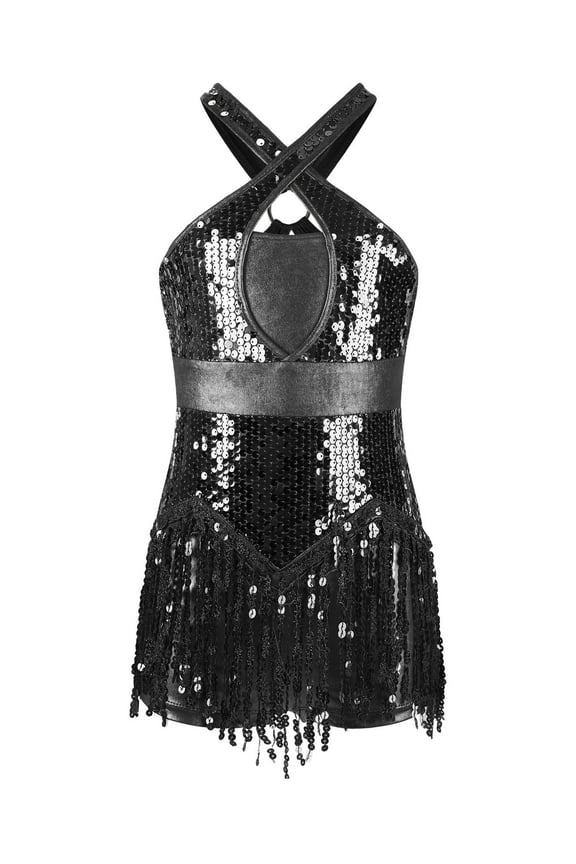 Sequin Latin Dance Dress for Girls Tassel Salsa Ballroom Bodysuit Modern Cha Cha Dancewear Black 6