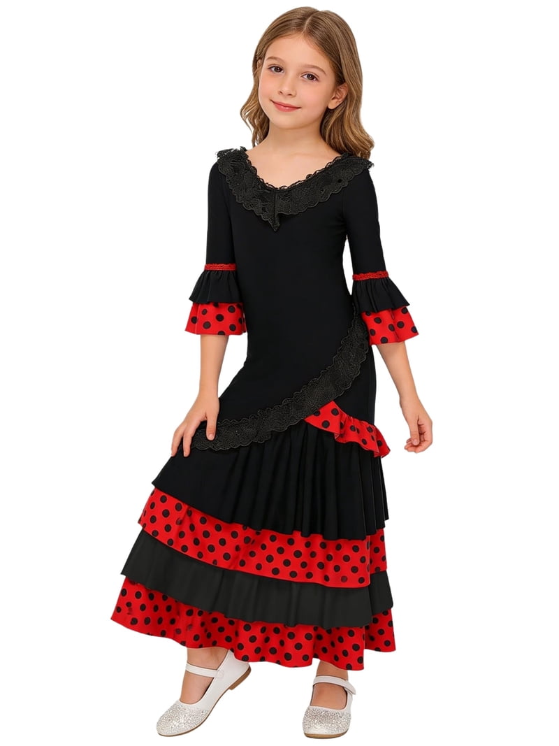 Ttao Spanish Flamenco Dress for Girls Polka Dot Ruffle Sleeve Gypsy Spanish Folklorico Latin Dress Performance Dancewear Black 8, Girl's