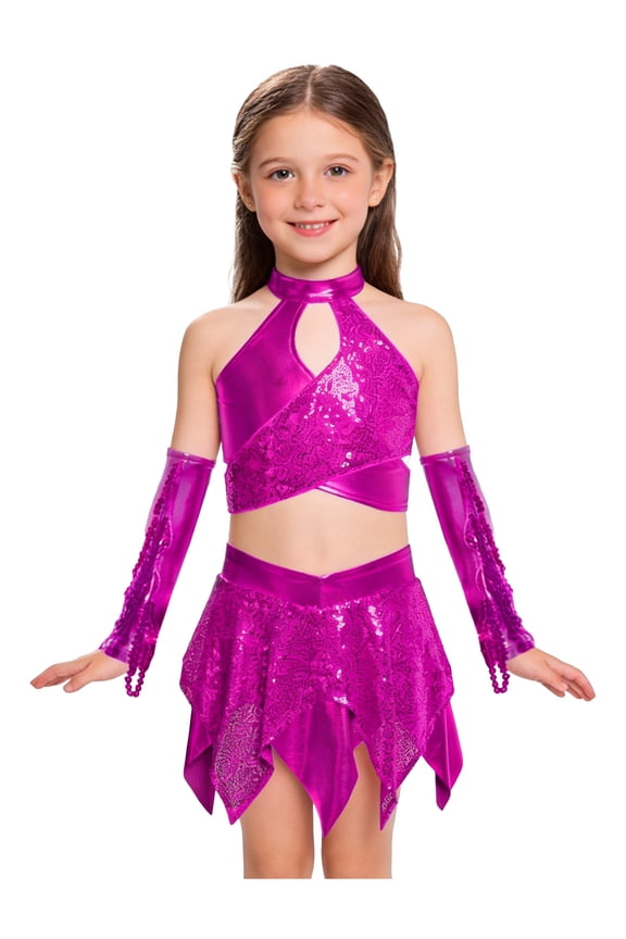 Sparkly Sequins Jazz Dance Skirt Set for Girls Metallic Hip Hop Dance Crop Top with Skirt & Tassel Gloves Hot Pink 6