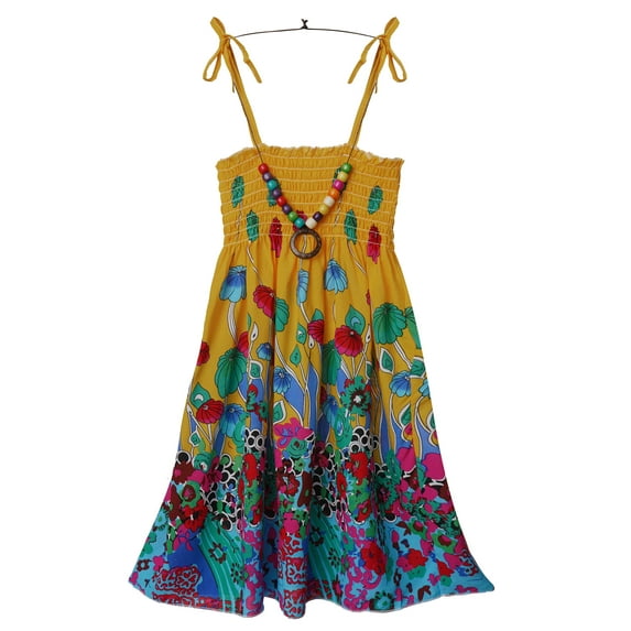 TTAO Summer Kids Girls Bohemian Dresses Floral Printed Beach Party Cami Dress with Necklace Set Yellow 8-10