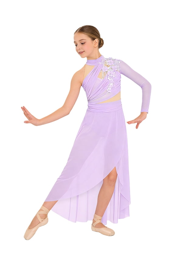 Teen Girls Ballet High-Low Skirt Latin Jazz Contemporary Dance Dress Dancing Gymnastics Skirted Leotard Lavender 16