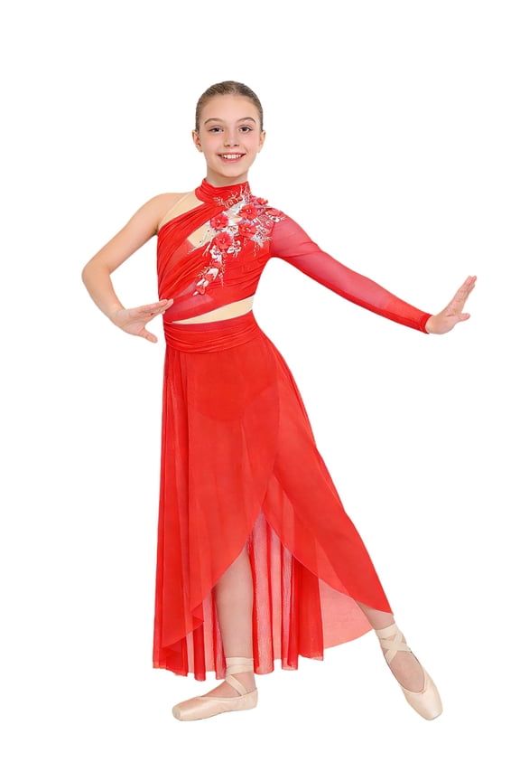 Teen Girls Ballet High-Low Skirt Latin Jazz Contemporary Dance Dress Dancing Gymnastics Skirted Leotard Red 6