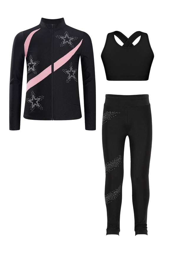 Teen Girls Figure Ice Skating Costume 3PCS Dance Outfits Athletic Running Yoga Training Set Pink 9-10