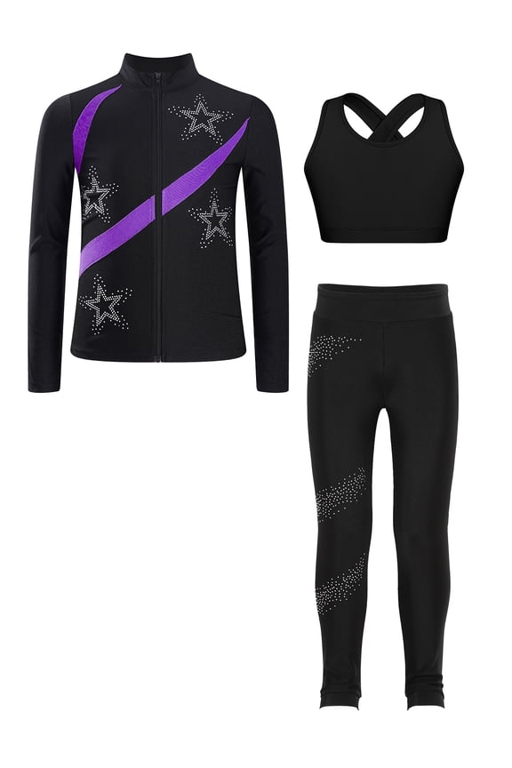 Teen Girls Figure Ice Skating Costume 3PCS Dance Outfits Athletic Running Yoga Training Set Purple 13-14