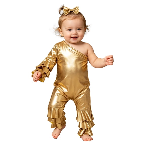 TTAO Toddler Girls Holographic Full Body Suit Disco Outfit Metallic Hippie Jumpsuit Sparkly Flare Pants Romper Gold 3-4