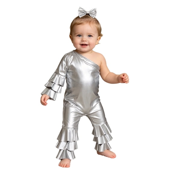 TTAO Toddler Girls Holographic Full Body Suit Disco Outfit Metallic Hippie Jumpsuit Sparkly Flare Pants Romper Silver 3-4