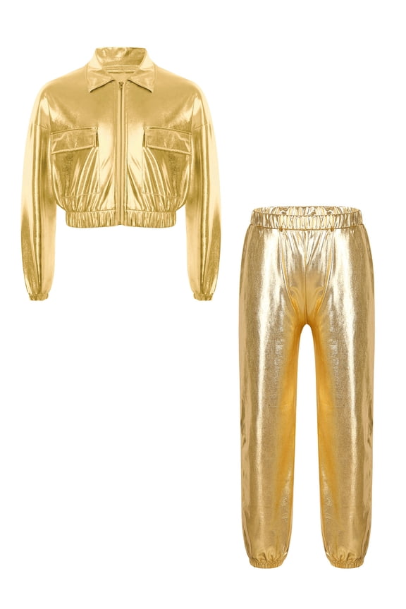 Unisex Boys Girls Hip Hop Jazz Dance Outfits Long Sleeve Shiny Jacket Outwear with Metallic Pants Streetwear Gold 8