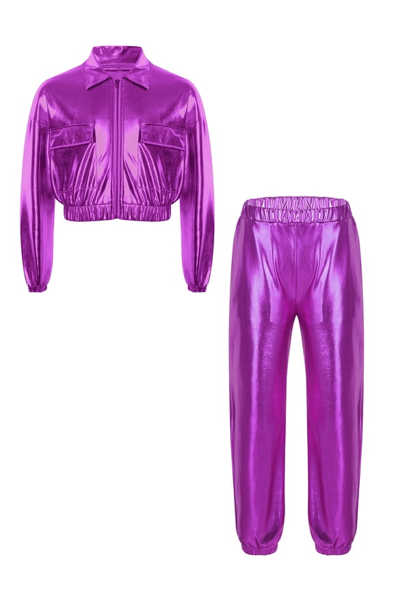 Unisex Boys Girls Hip Hop Jazz Dance Outfits Long Sleeve Shiny Jacket Outwear with Metallic Pants Streetwear Purple 6