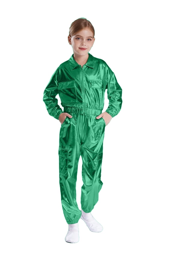 Unisex Boys Girls Jazz Hip Hop Dance Outfit Shiny Metallic Lapel Collar Long Sleeve Sweatpants Set Green 8