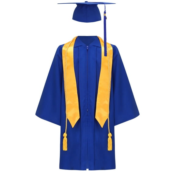 TTAO Unisex Boys Girls School Graduation Gown Long Sleeve V-neck Robe with Hat Stole Tassel for Ceremonies Parties Blue 13-14
